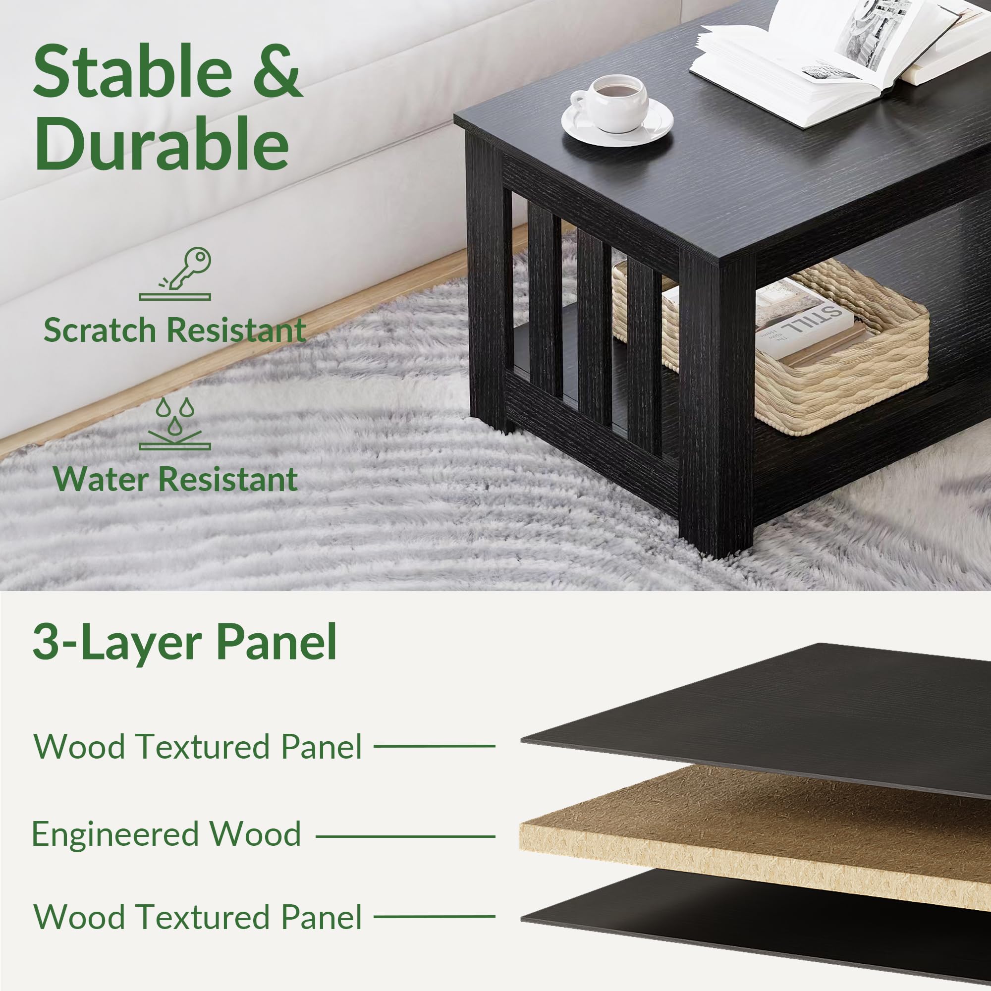 Wooden One Style Fits All Coffee Table - Black Coffee Table, 2-Tier Rectangular Table