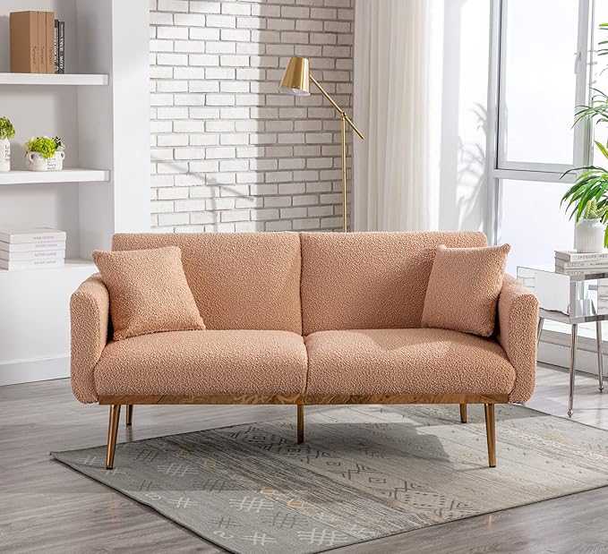 Velvet Futon Sofa Bed with 3 Adjustable Positions, Small Sleeper Sofa Loveseat with 2 Decorative Pillows