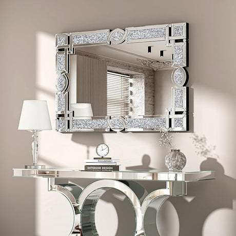 Crystal Crush Diamond Wall Mirror 46.5''x30.5'' Rectangle Silver Mirrors for Wall Decorative Large Wall