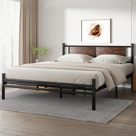 King Size Bed Frame with Rustic Wood Headboard, Metal Heavy Duty Platform Frame,