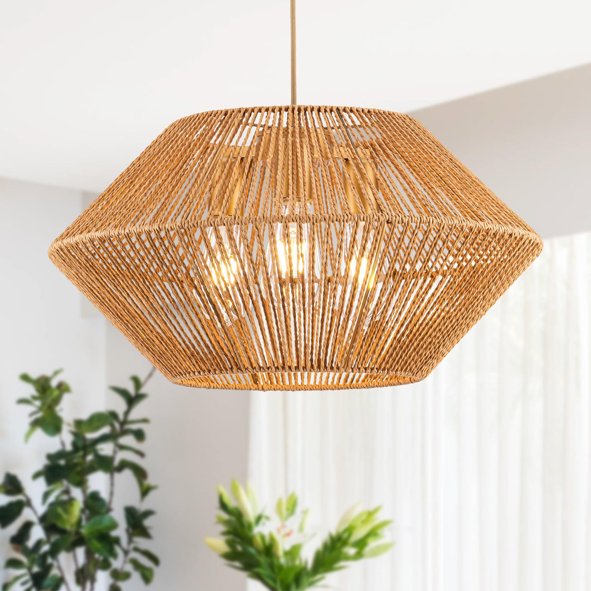 Woven Rattan Pendant Light, 19.5 Inch 3-Light Hemp Rope Boho Chandelier Rustic