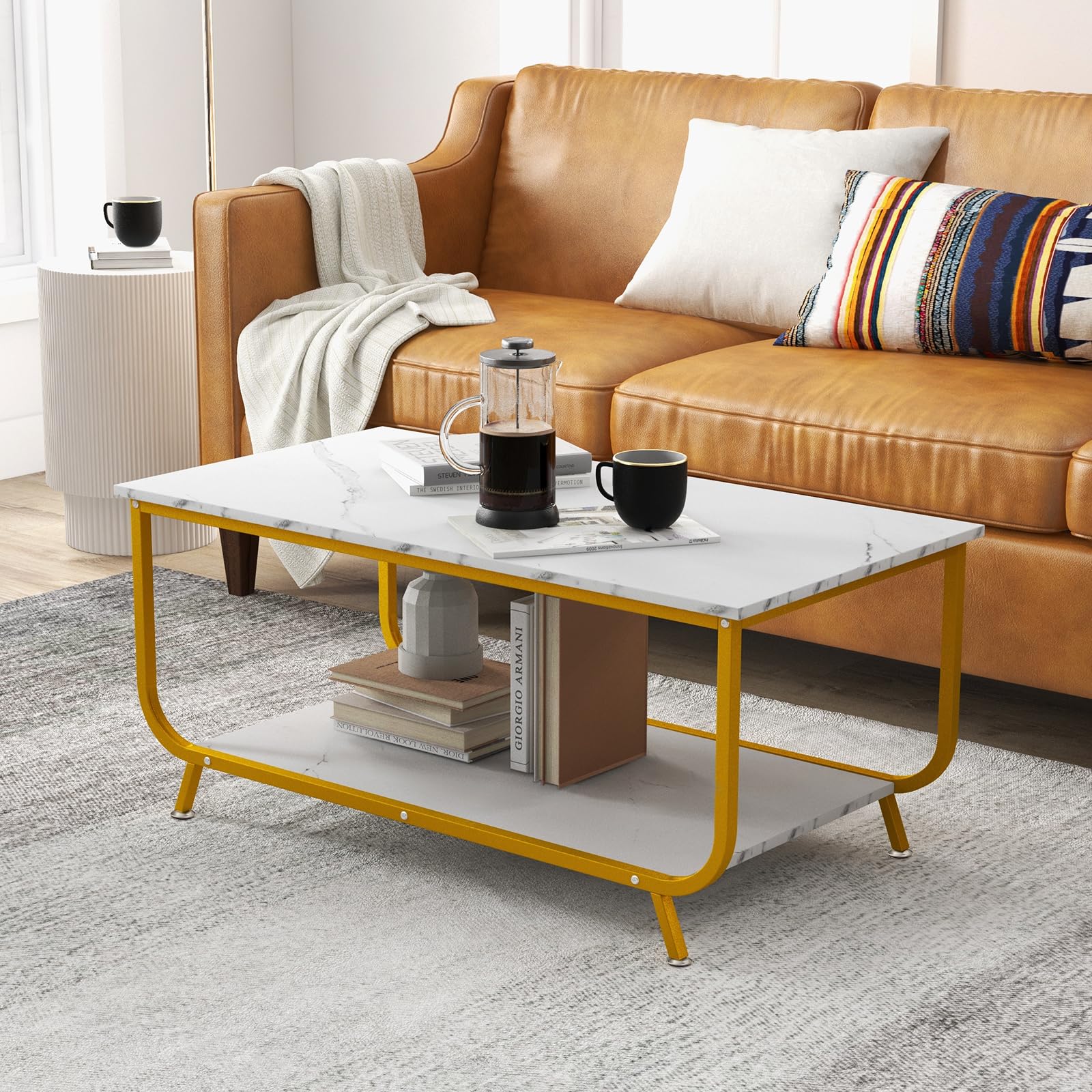 2-Tier Coffee Table, Rectangular Center Cocktail Table with Faux Marble