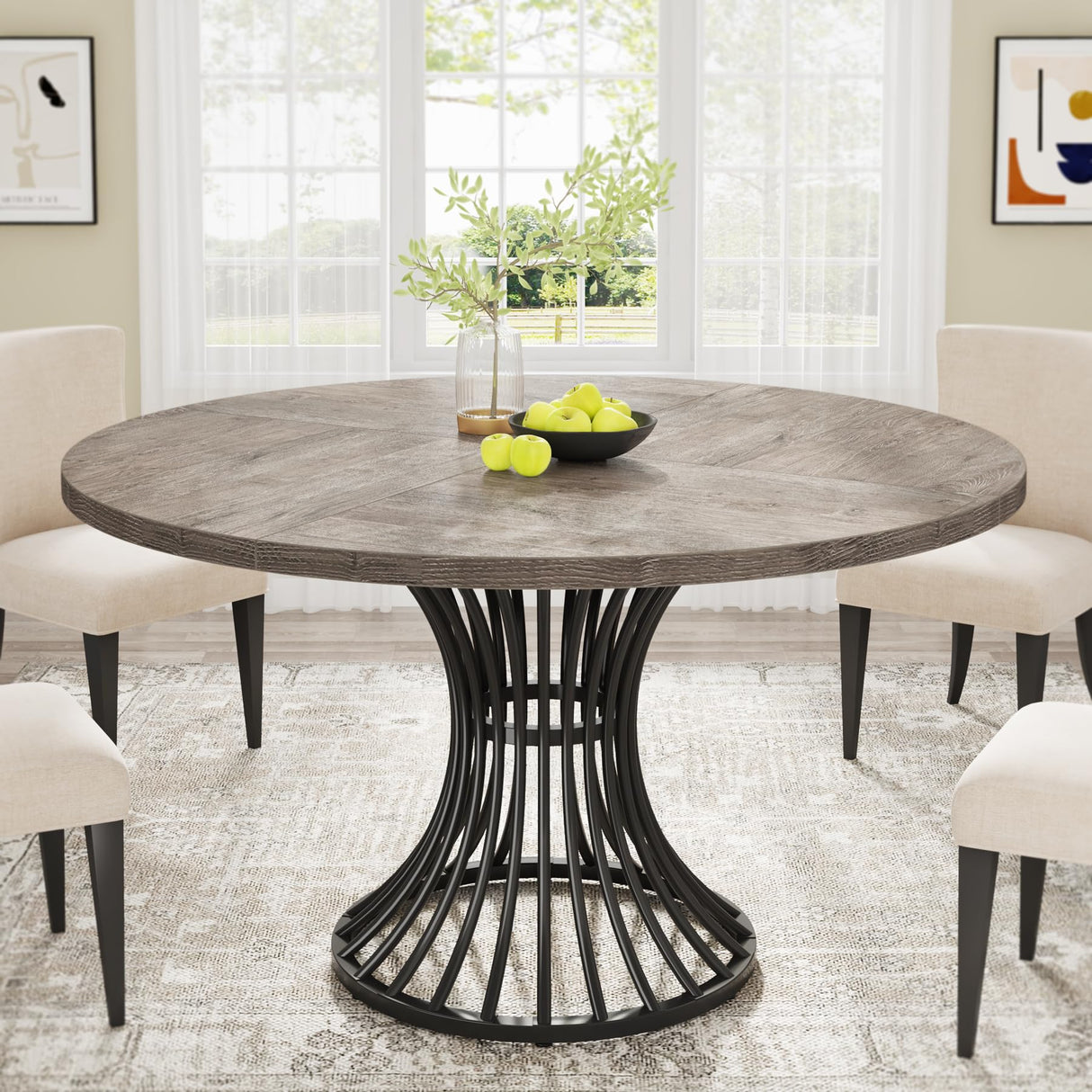 Round Dining Table, 47-Inch Farmhouse Dinning Room Table, Industrial Dinner Table