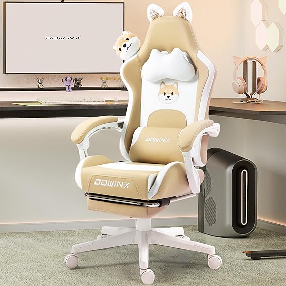 Gaming Chair Cute with Cat Ears and Massage Lumbar Support