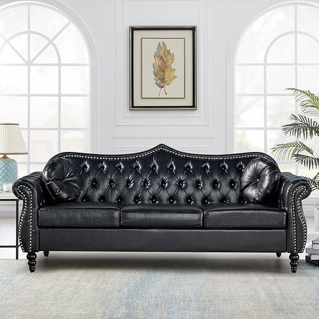 Leather Sofa 3 Seater Couch, Large Sofa Furniture Roll Arm Classic Tufted Chesterfield