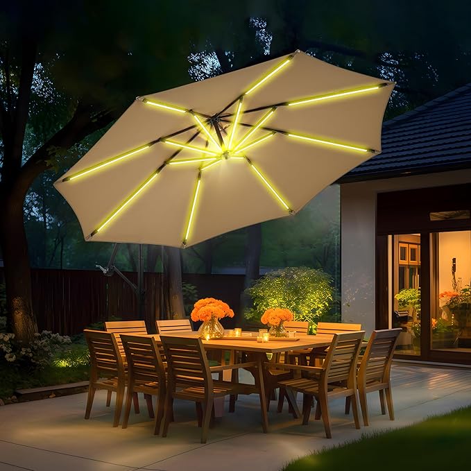 10 ft Offset Patio Umbrella with Stands Included, Large Cantilever Umbrella Outdoor Patio with Solar Lights, Dual Charging, 8+ Light Modes, Heavy Duty, for Pool, Deck, Market, Tan