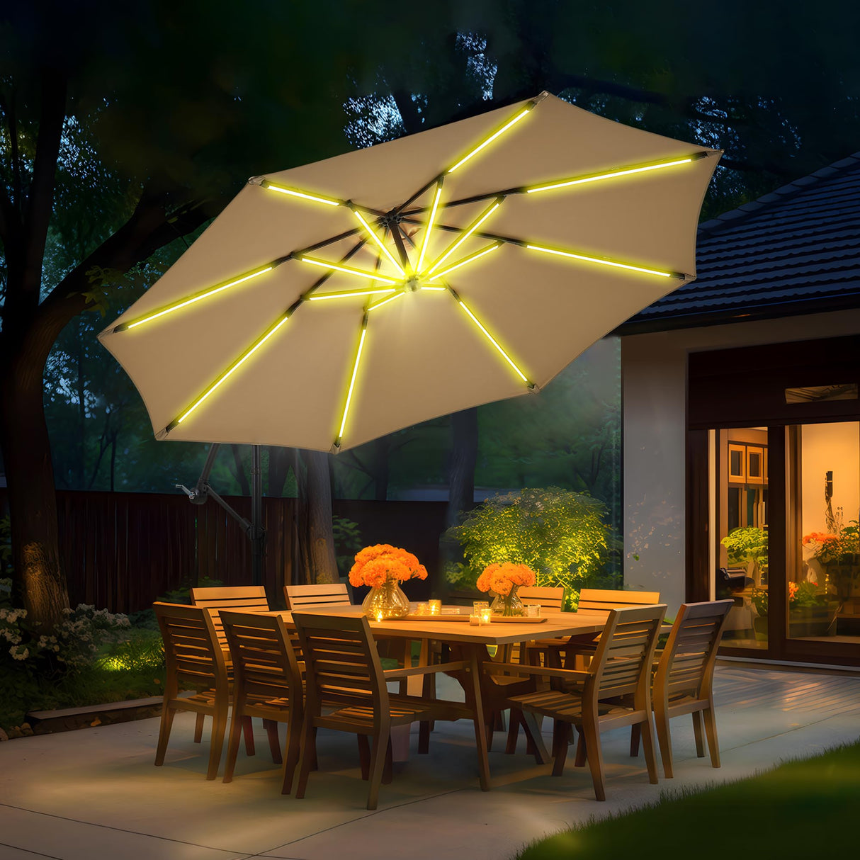 10 ft Offset Patio Umbrella with Stands Included, Large Cantilever Umbrella Outdoor Patio with Solar Lights, Dual Charging, 8+ Light Modes, Heavy Duty, for Pool, Deck, Market, Tan