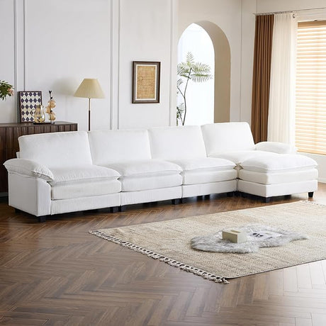 Sectional Sofa Modular Deep Seat Sofa Couch with Ottoman, Corduroy Sofa Sleeper Comfy Upholstered Furniture for Living Room, Apartment, Studio, Office, (4-Seat & 1-Ottoman, White)