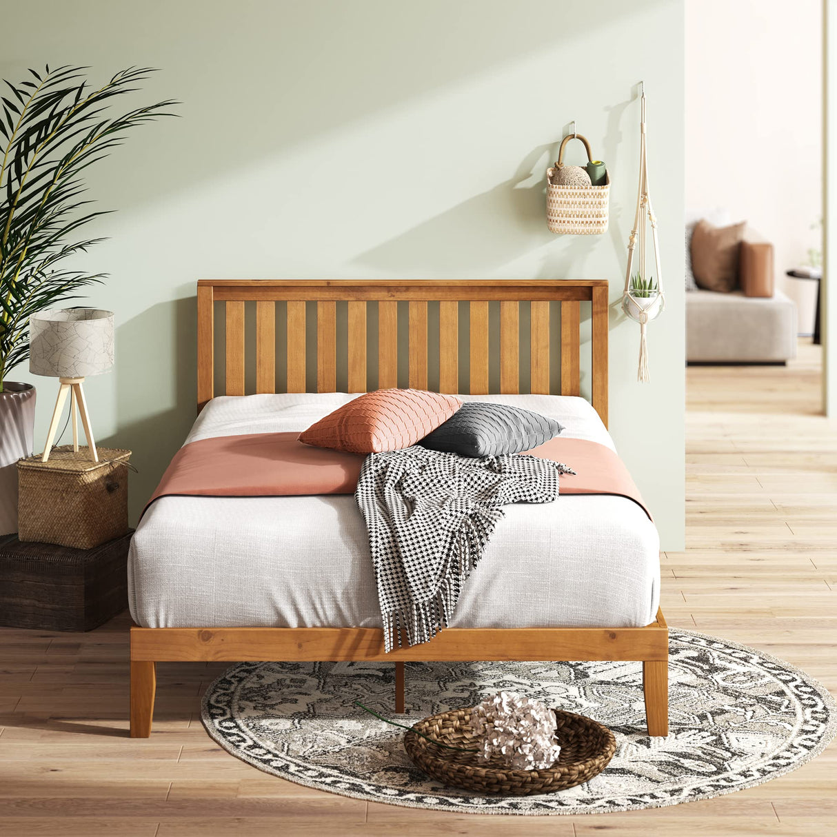 Alexia Wood Platform Bed Frame with headboard, Solid Wood Foundation with Wood Slat