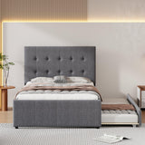 Upholstered Platform Bed, Linen Bed with Headboard and Trundle, Full, Grey