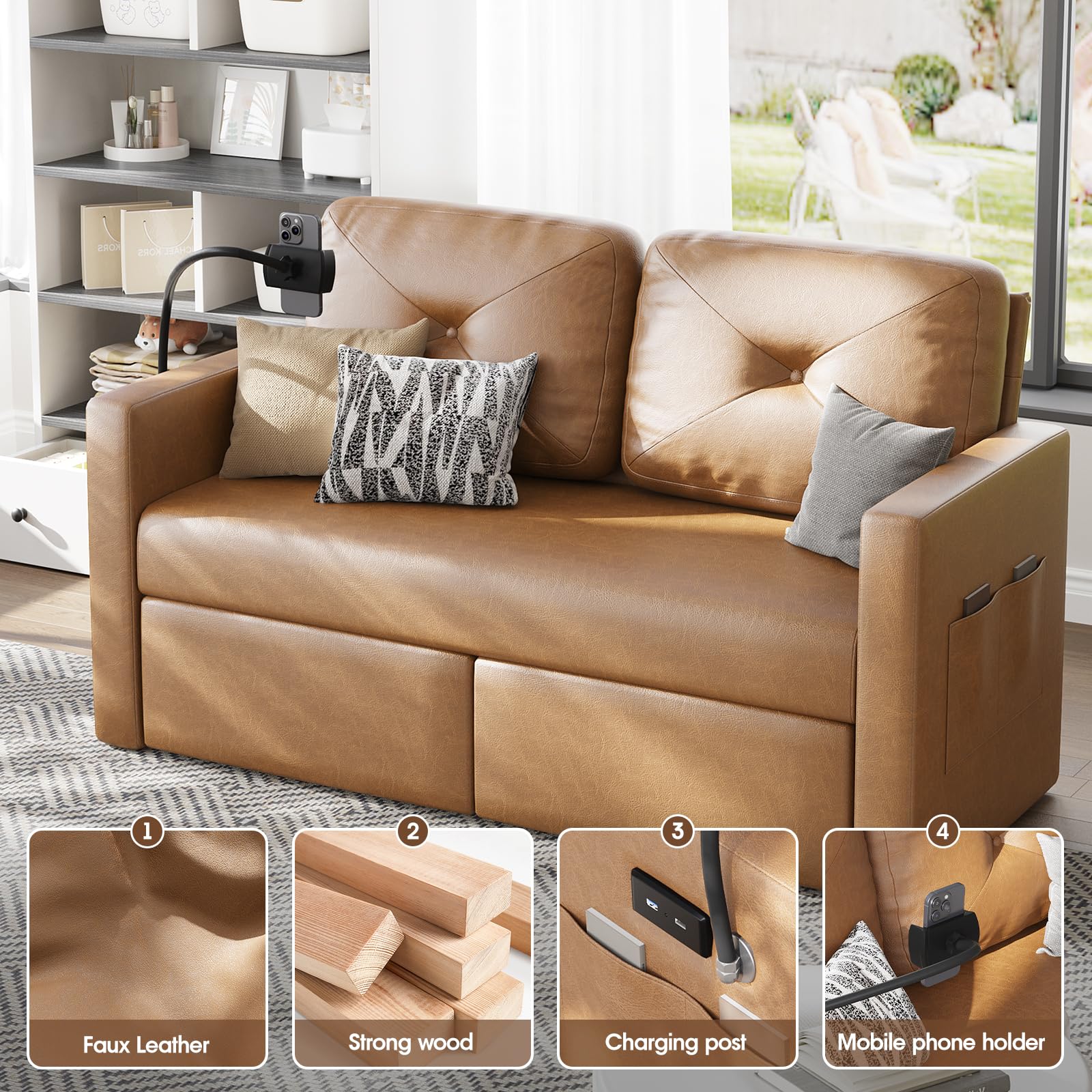 Brown Leather Couch with Storage, Modern Comfy Loveseat Sofa
