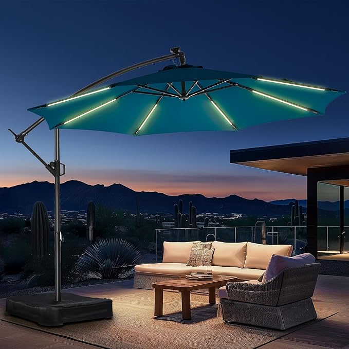 10ft Solar Lights Offset Cantilever Patio Umbrella - with Light and Base, LED Lighted