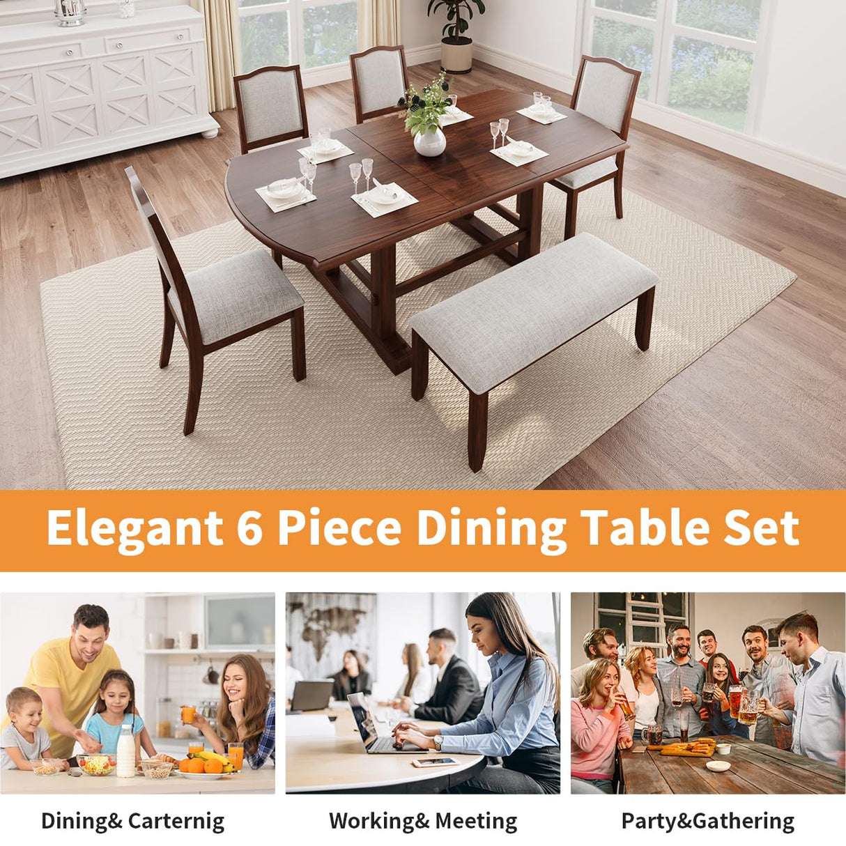 Harper & Bright Designs 6-Piece Dining Table Set for 6, 78inch Extendable Wood Rectangular Dining Table with Removable Leaf, Kitchen Table Set with 4 Upholstered Side Chair and Bench,Cherry
