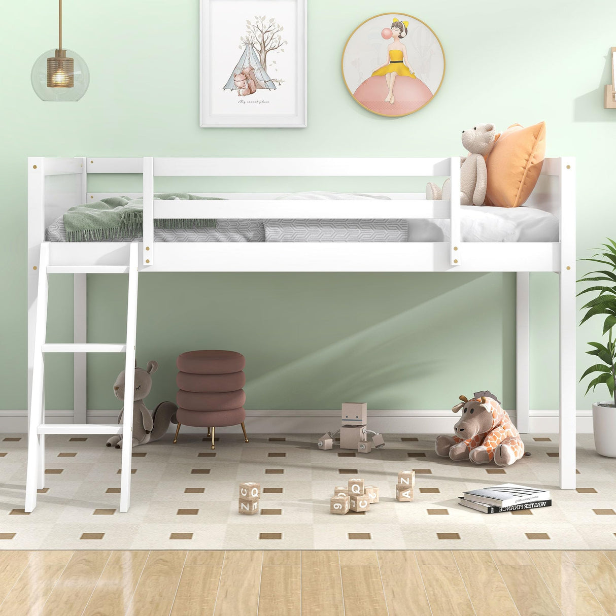 Twin Low Loft Bed, Twin Size Loft Bed with Ladder & Safety Guardrails, Wood Junior Lof