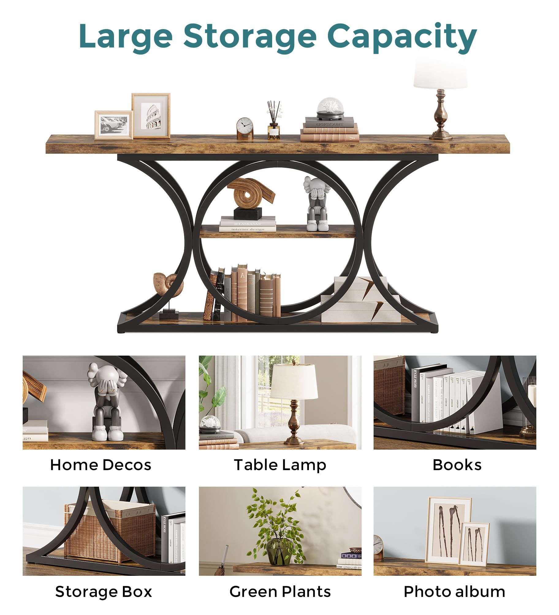 63 Inch Extra Long Rustic Industrial Console Table with 3-Tier Storage