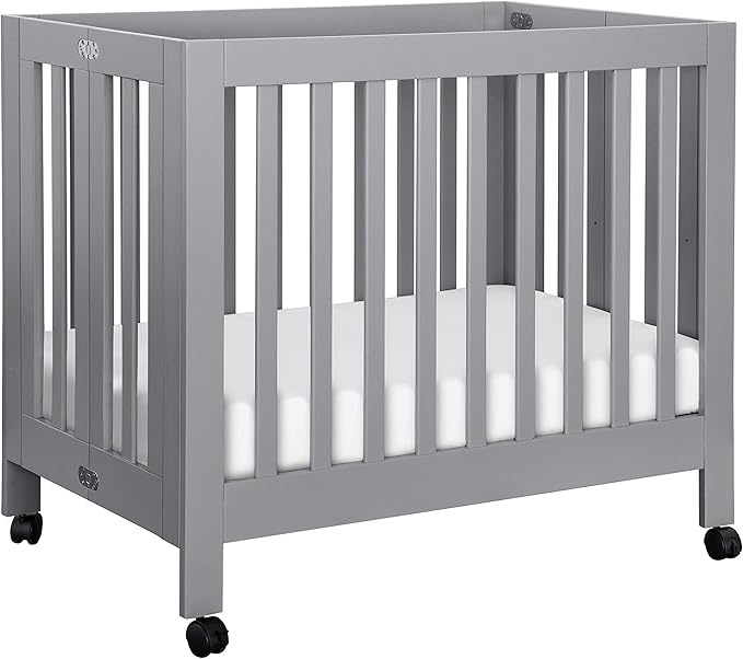 Origami Mini Portable Crib Folding with Wheels in White, 2 Adjustable Mattress Positions
