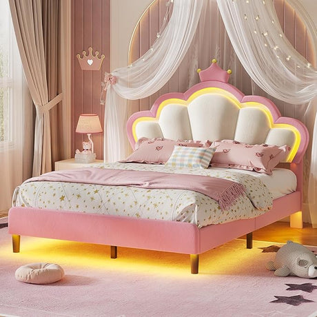 Frame with LED Lights, Girls Twin Bed with Princess Crown, LED Velvet Upholstered