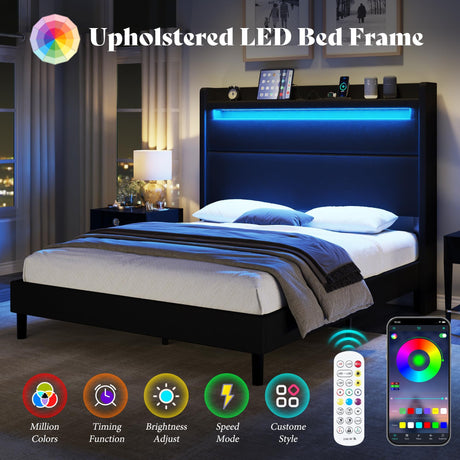 Queen Bed Frame with LED Lights and Wingback Headboard,