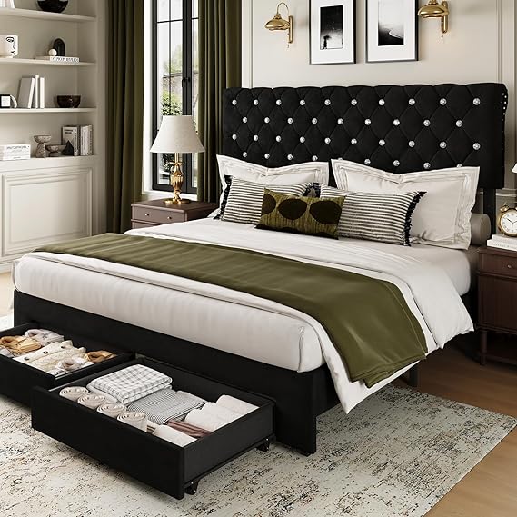 Full Bed Frame with Storage Drawer and Adjustable Headboard