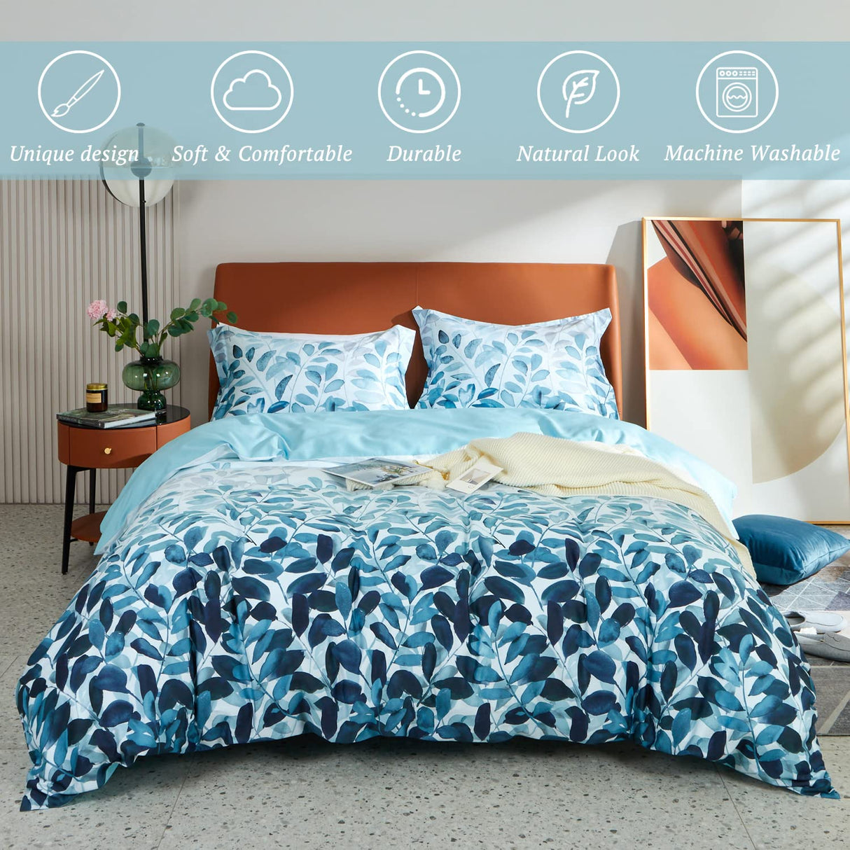 MILDLY 100% Long Staple Cotton Duvet Cover Set Gradient Blue Leaves Printed Comforter Cover Set Farmhouse Plant Comforter Cover Set
