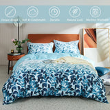 MILDLY 100% Long Staple Cotton Duvet Cover Set Gradient Blue Leaves Printed Comforter Cover Set Farmhouse Plant Comforter Cover Set