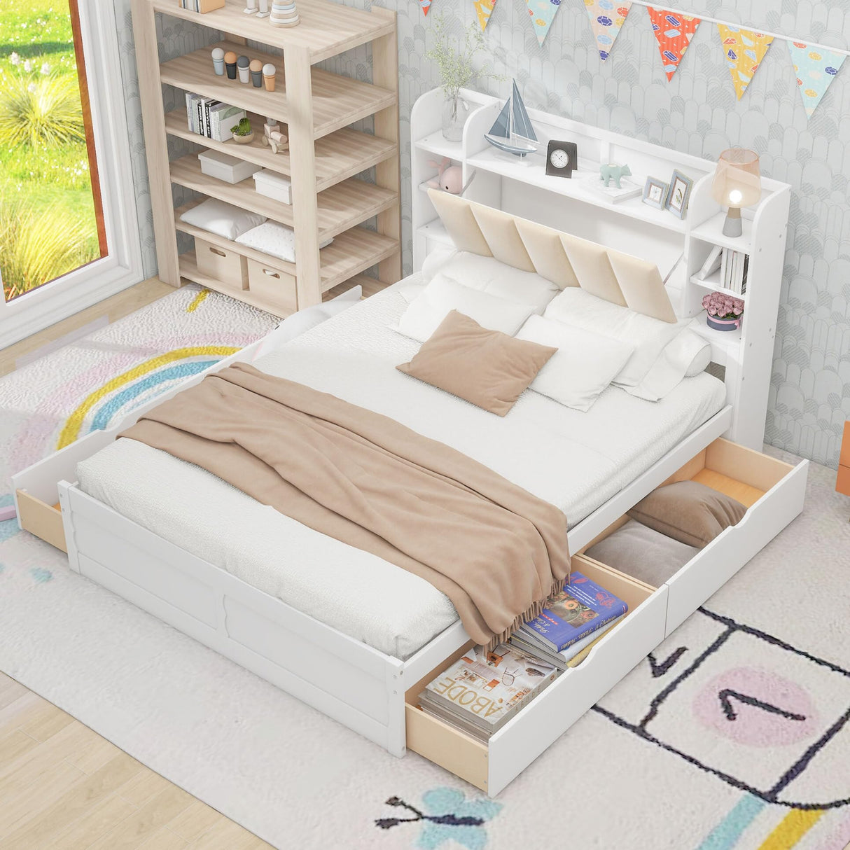 Queen Size Bed Frame Wooden Platform Bed with Storage Upholstered Headboard