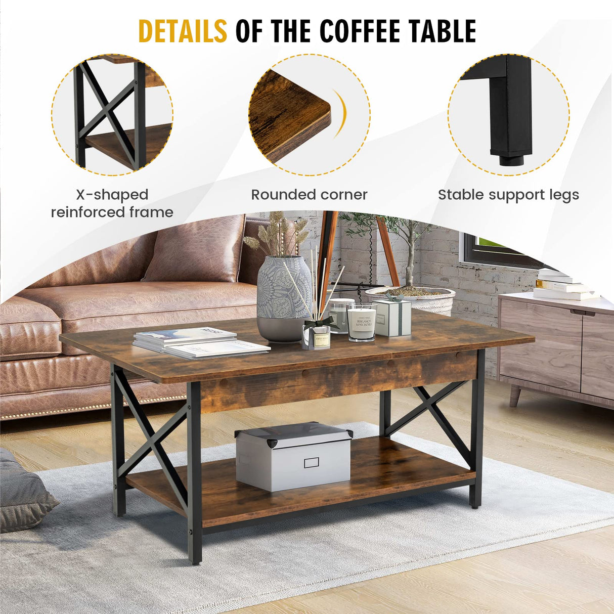 Industrial Coffee Table, 2-Tier Wood Cocktail Tea Table with Storage Shelf