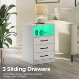 Seventable Nightstand with Wireless Charging Station and LED Lights, Modern End Side Table with 3 Drawers and Open Compartment for Bedroom, White