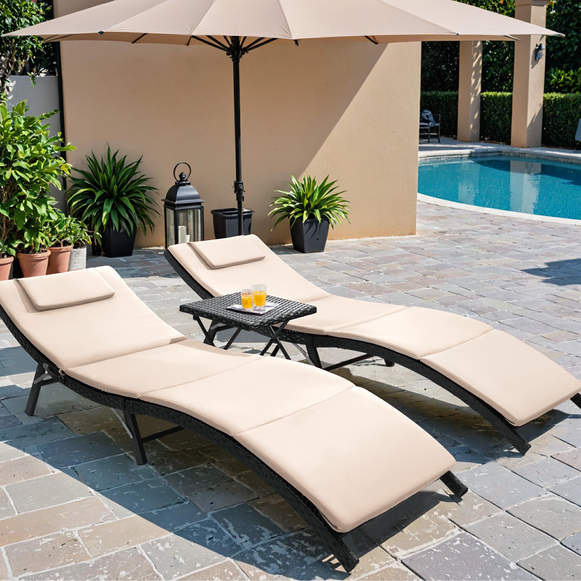 Patio Chaise Lounge with Cushions Unadjustable Modern Outdoor Furniture Set PE