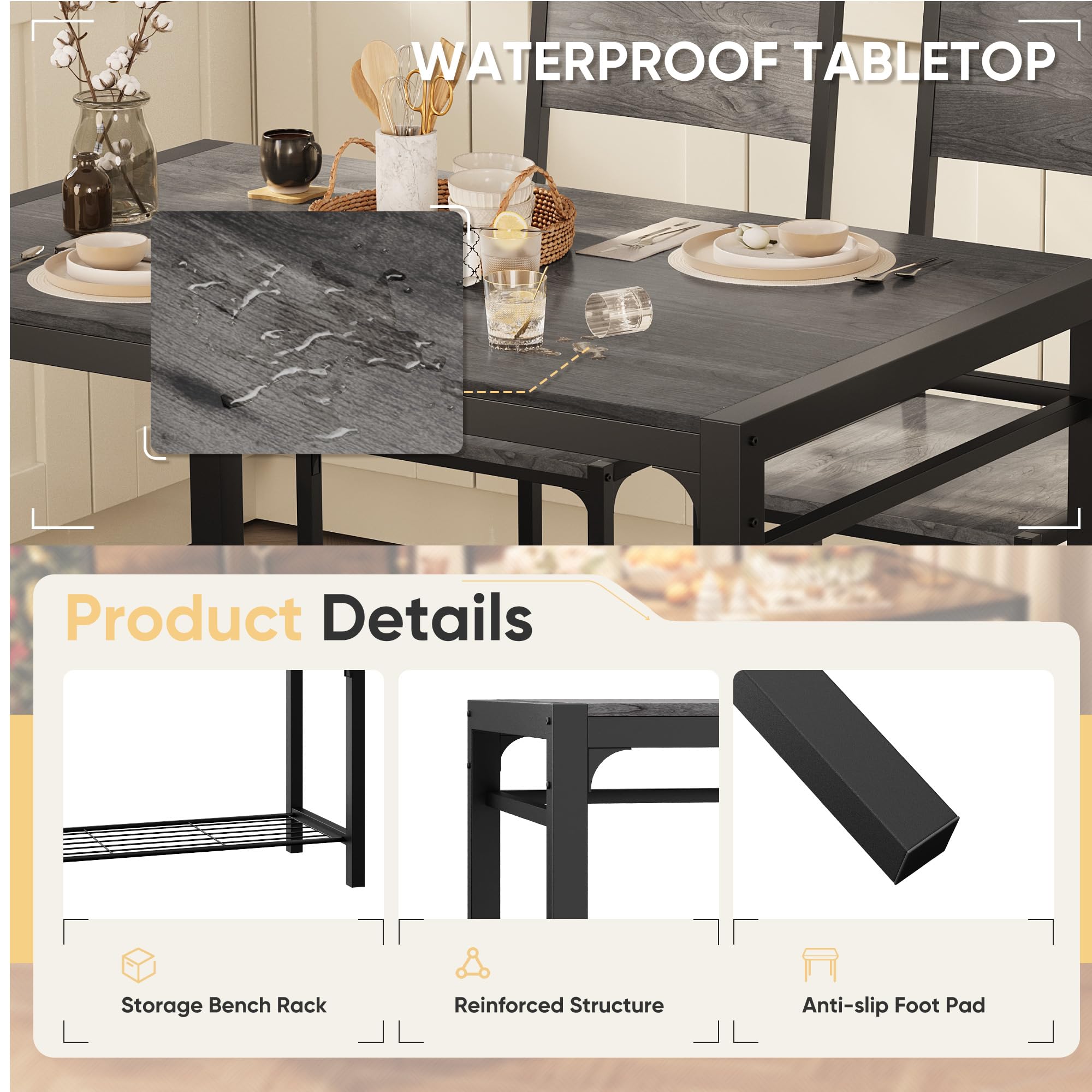 4-Piece Dining Set - Table, Chairs & Bench