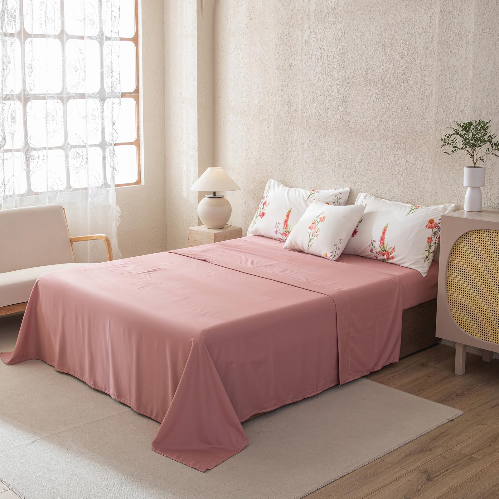 8 Pcs Bed in a Bag Queen Botanical Floral Comforter Set Pink Flowers