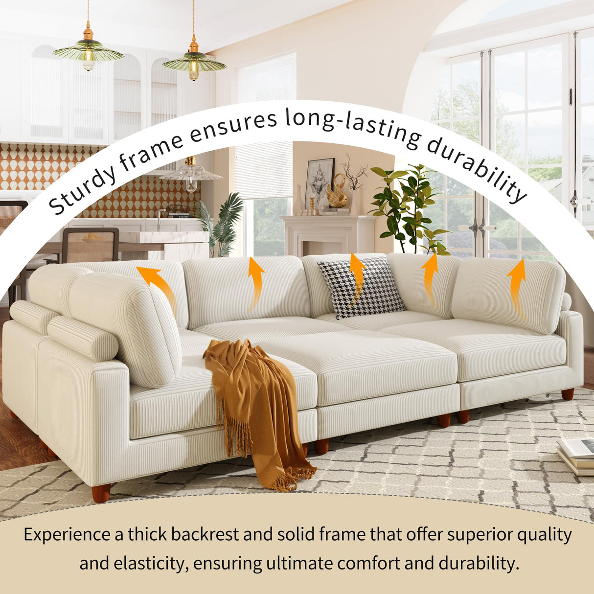 Jintop 163" Modular Sectional Sofa,L-Shape Convertible Corner Couch with Ottoman,6-Seater Sleeper Sofa-Bed w/Wooden Legs,Living Room Furniture for Apartment,Office,Beige