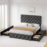 Full Size Bed Frame with 4 Storage Drawers and Headboard, Linen Upholstered Platform