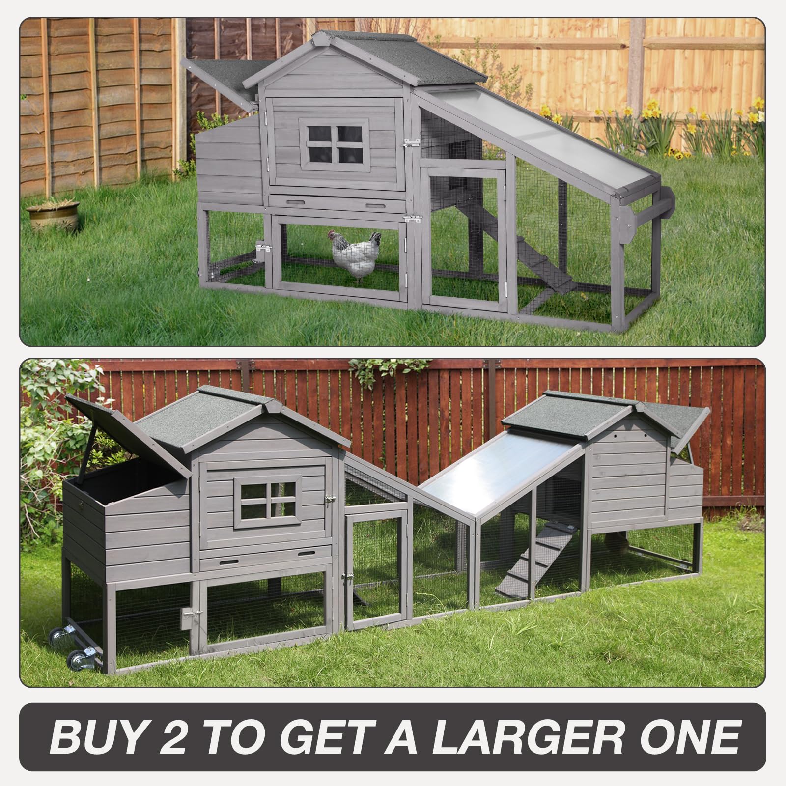 MEDEHOO Chicken Coop Expandable Chicken House for Outdoor with Wheels Nesting Box, Leakproof Pull-on Tray and UV-Resistant Roof Panel