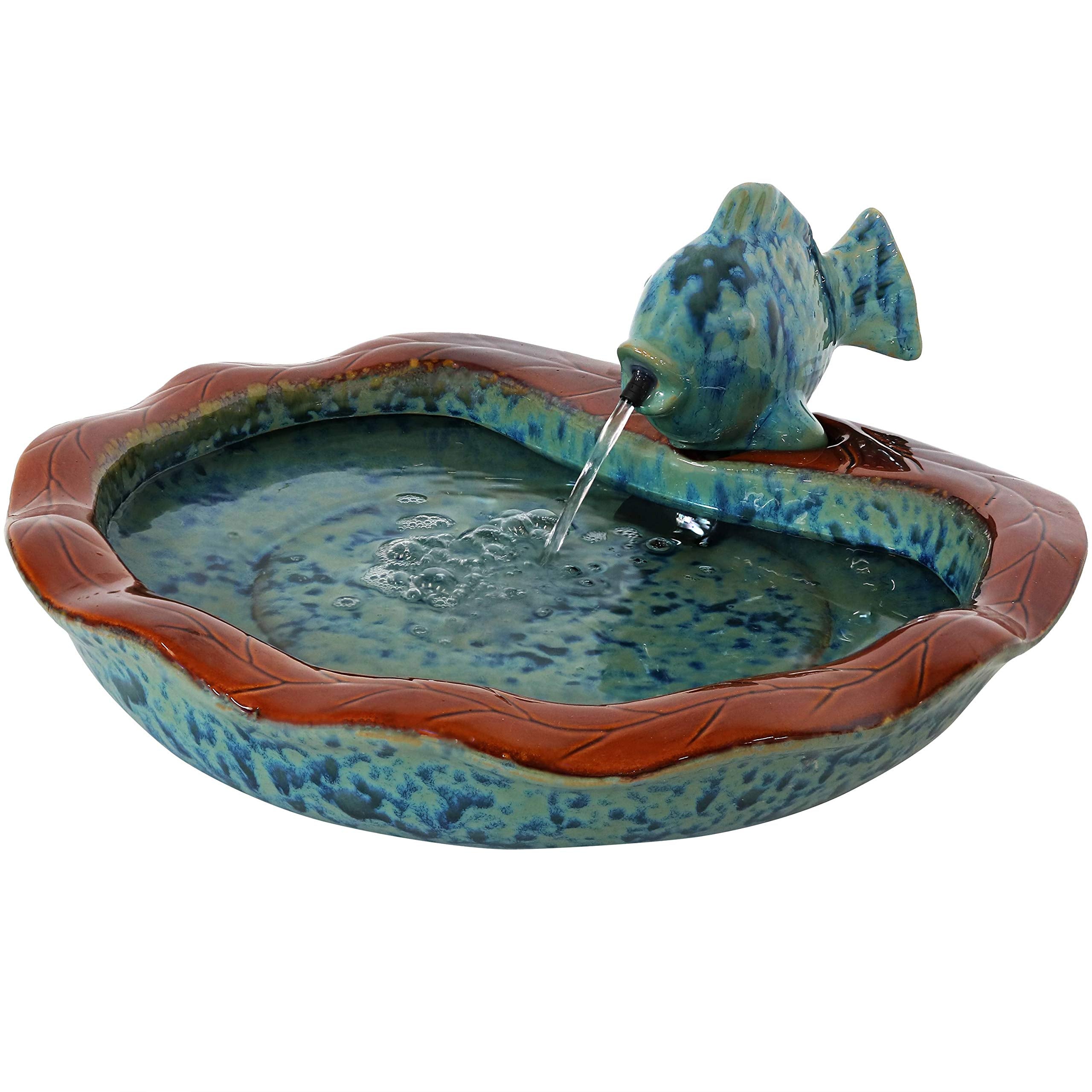 Glazed Ceramic Fish 7-Inch Outdoor Garden Fountain - Outdoor Tabletop Fountain for Patio