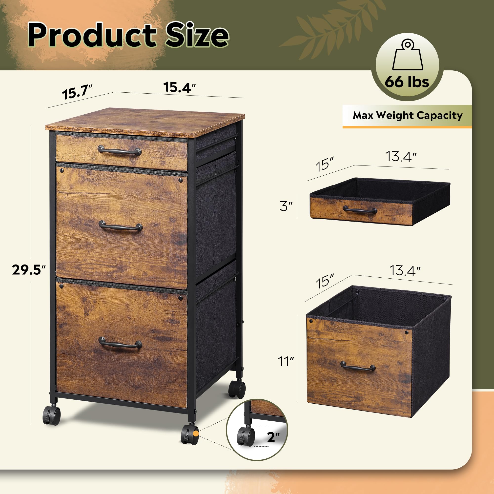 Mobile File Cabinet with 3 Drawers, Printer Stand with Fabric Drawers