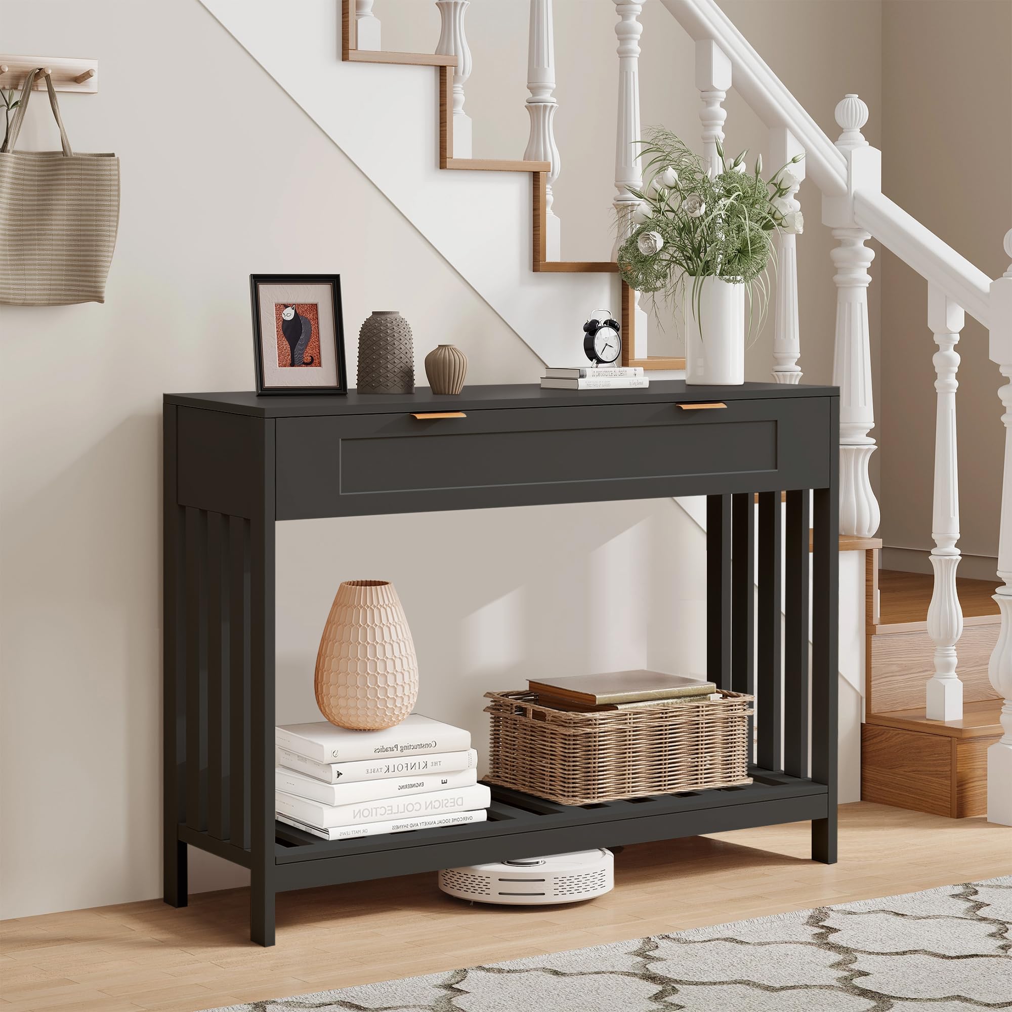 Console Table with Drawers - Narrow Entryway Table with Storage Shelf