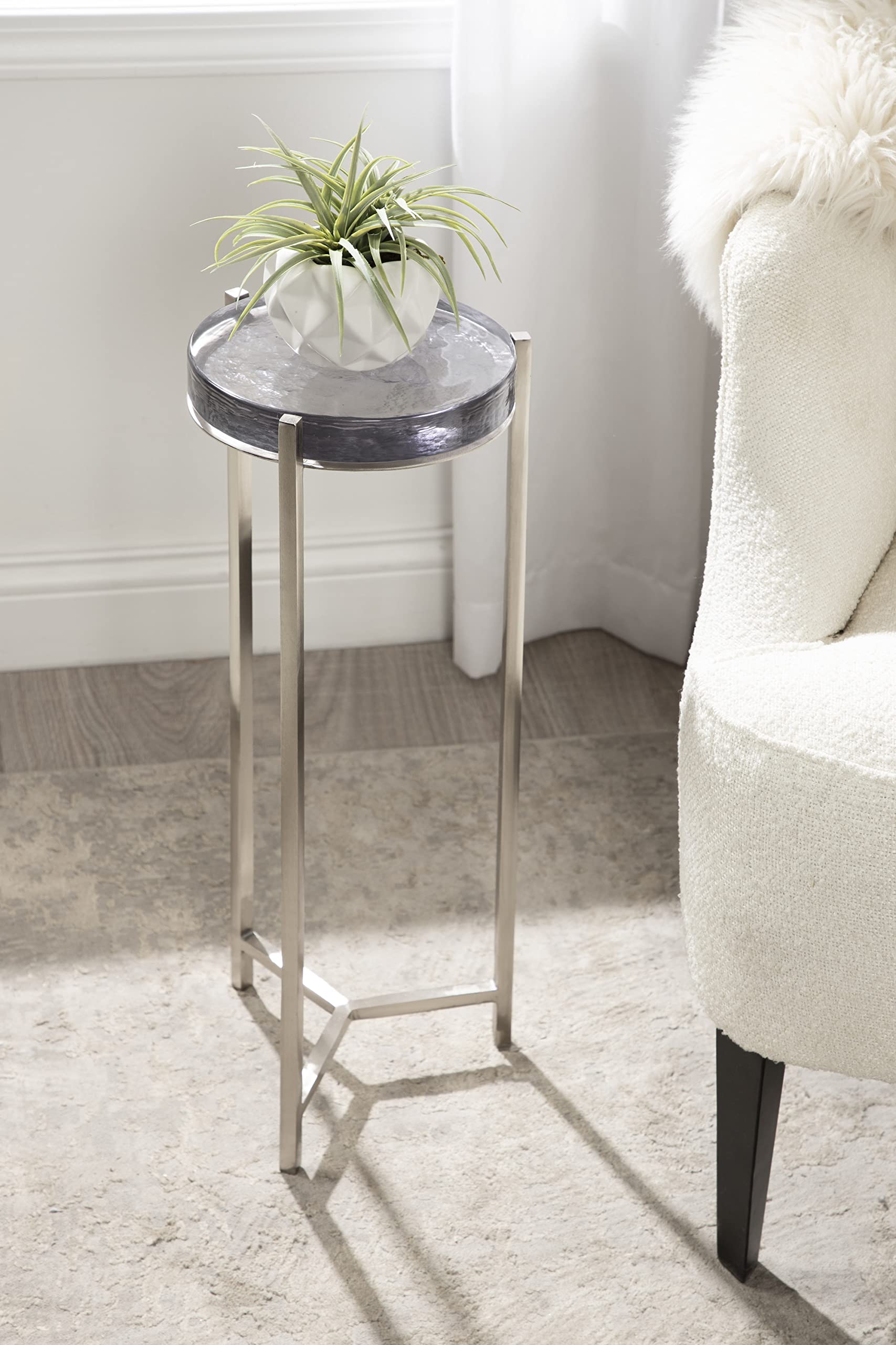 Aguilar Modern Drink Table, 9 x 9 x 23, Silver with Tinted Glass, Detailed Glass Accent Table