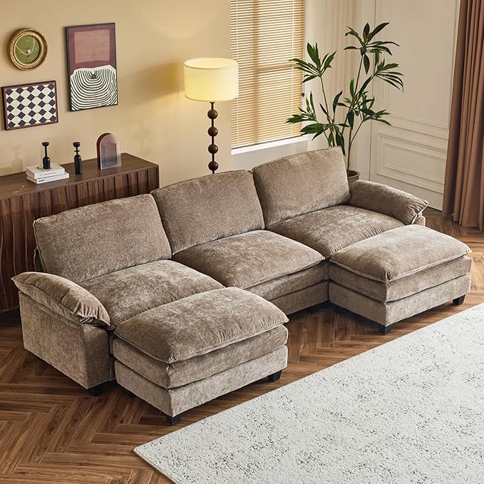 Sectional Sofa Modular Deep Seat Sofa Couch with Ottoman, Chenille Sofa
