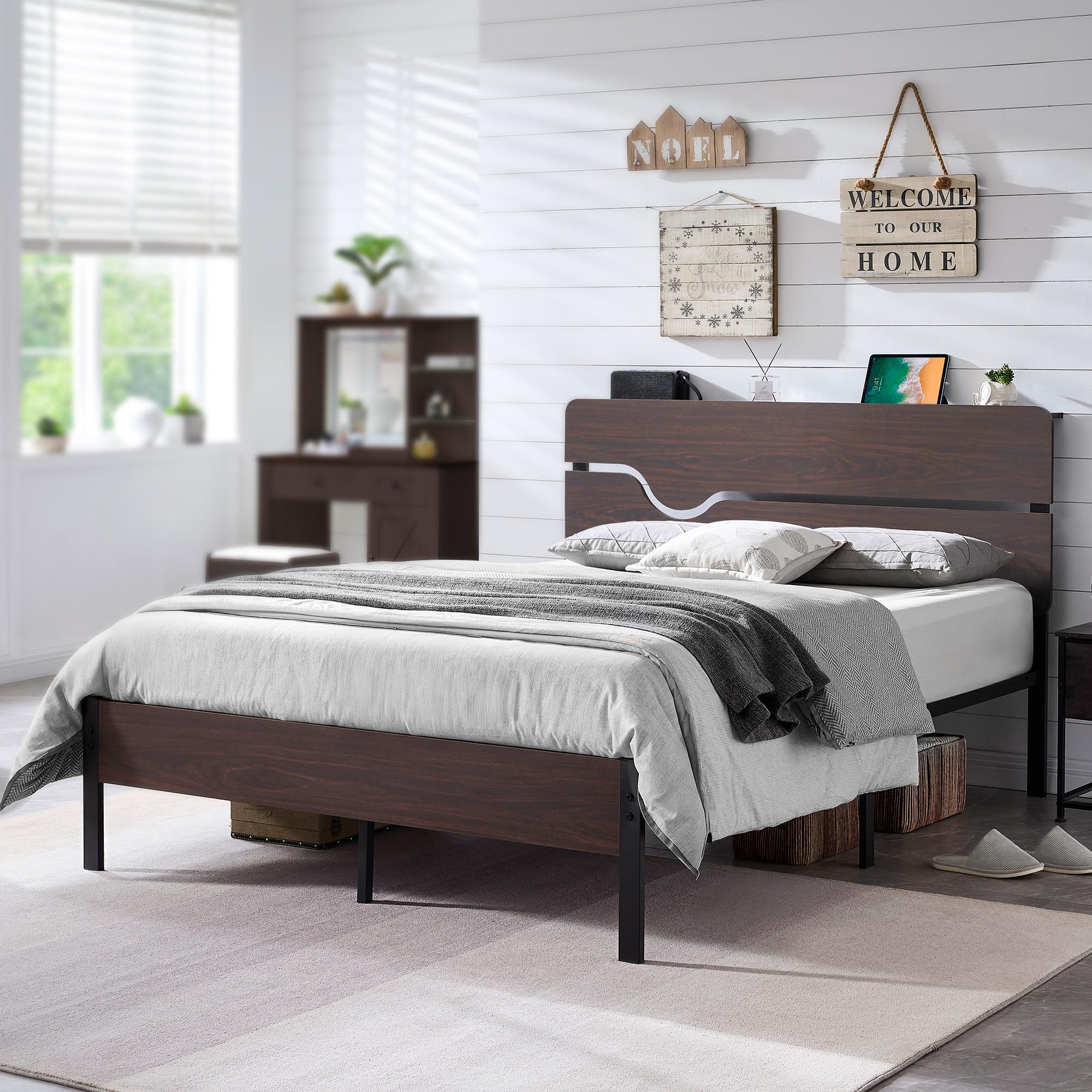 Full Size Bed Frame with Headborad, Industrial Platform Bed Frame