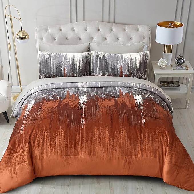 Comforter Set King, Thanksgiving Burnt Orange 7 Pieces Bed in a Bag Abstract Gradient
