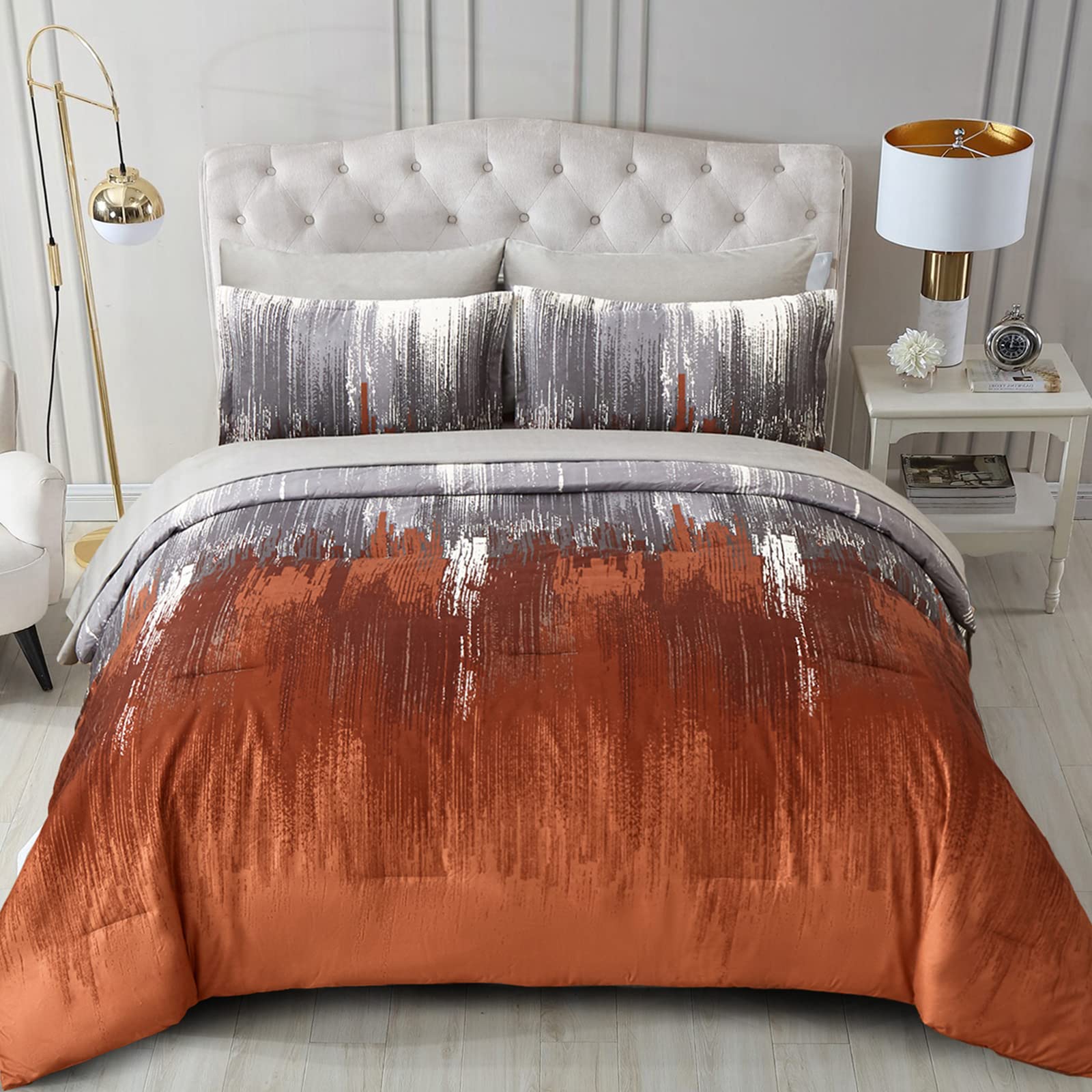 Comforter Set King, Thanksgiving Burnt Orange 7 Pieces Bed in a Bag Abstract Gradient