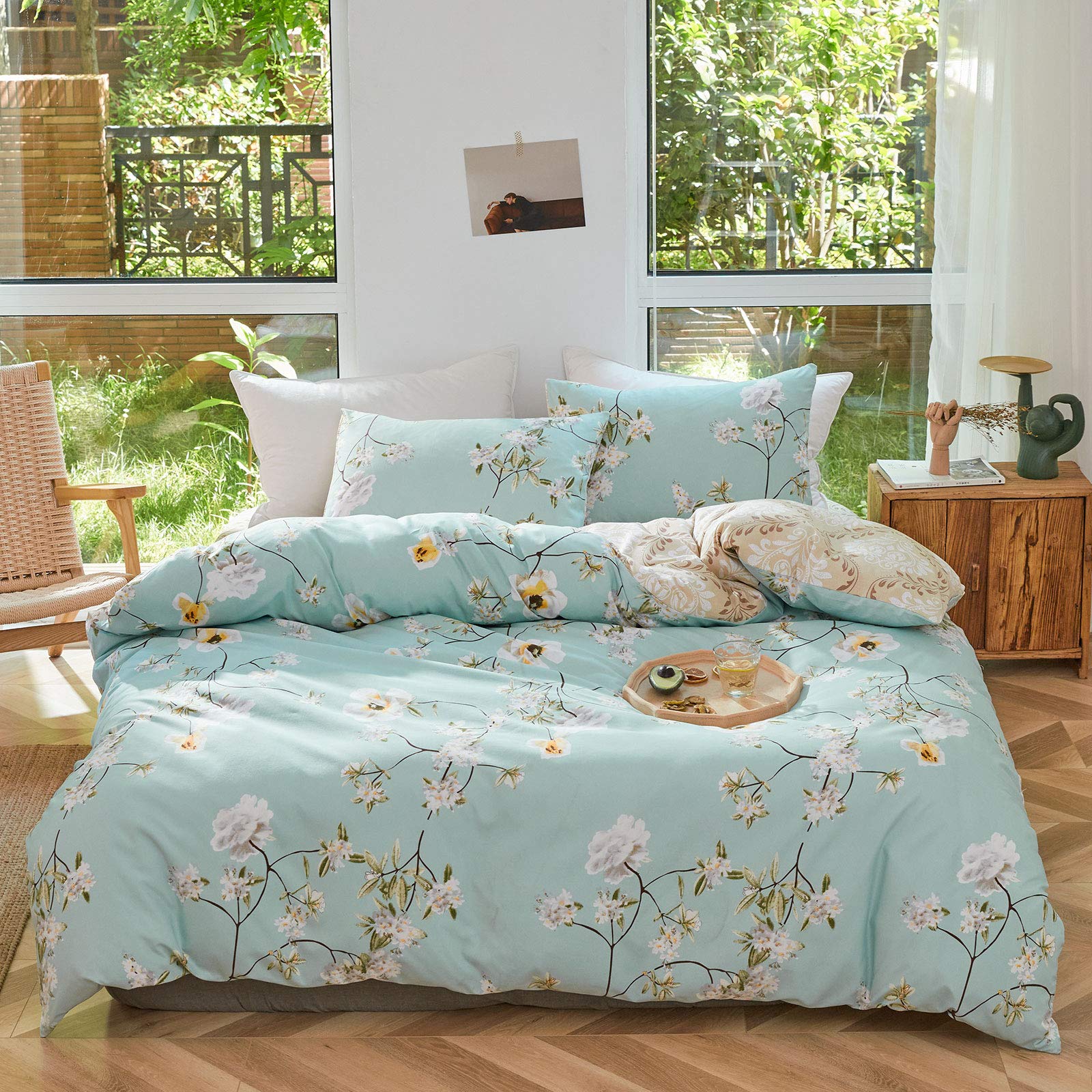 3pcs Floral Comforter Set Aqua, Elegant Flower Reversible Design, Twin Size Smooth Soft