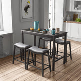 COSTWAY 5-piece Dining Table Set for 4, Counter Height Breakfast Table and Upholstered 4 Saddle Stools, Space-saving Design, Rubber Wood Pub Dinette Set for Bistro Dining Room Small Space, Black+Grey