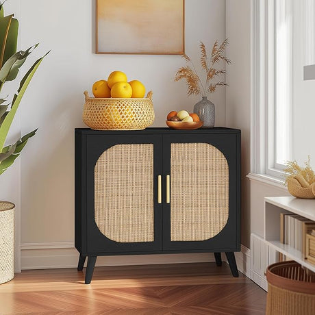 Rattan Storage Cabinet with Doors,Accent Bathroom Floor Cabinet,with 2 Doors and