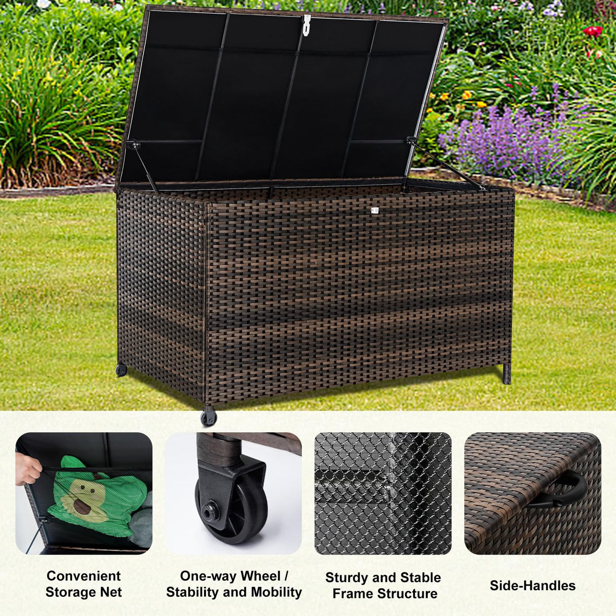 Outdoor Storage Box, 120 Gallon Waterproof Resin Wicker Deck Box for Patio Garden