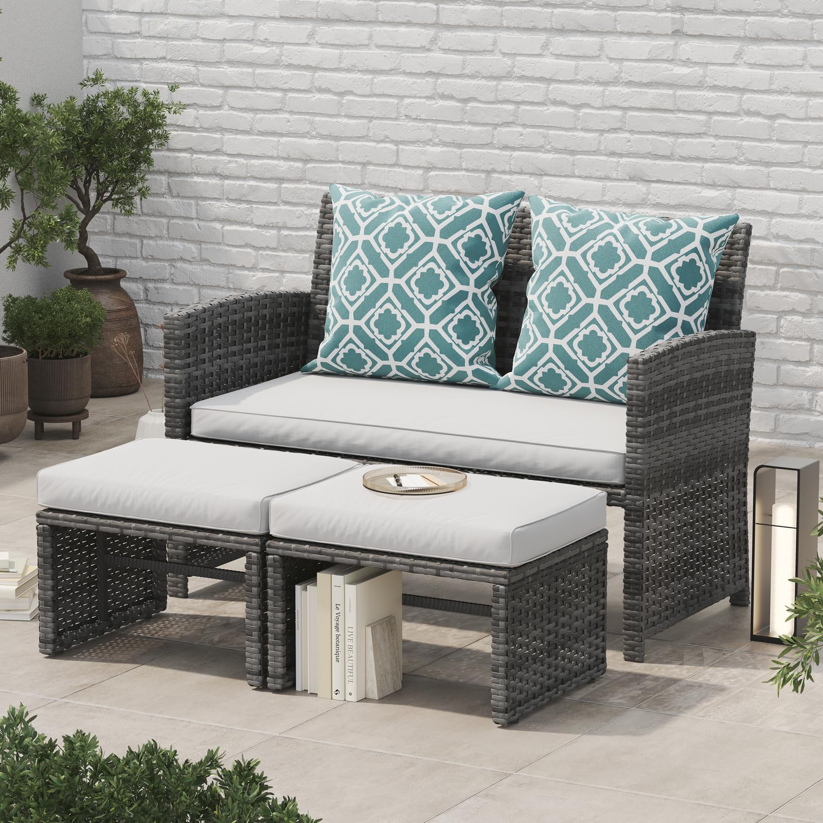 Patio Furniture Set,3 Pieces Outdoor Wicker Conversation Loveseat