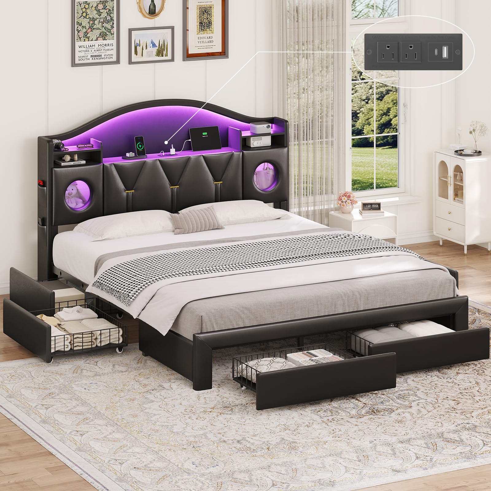 Queen Bed Frame with Storage Headboard and 6 Drawers