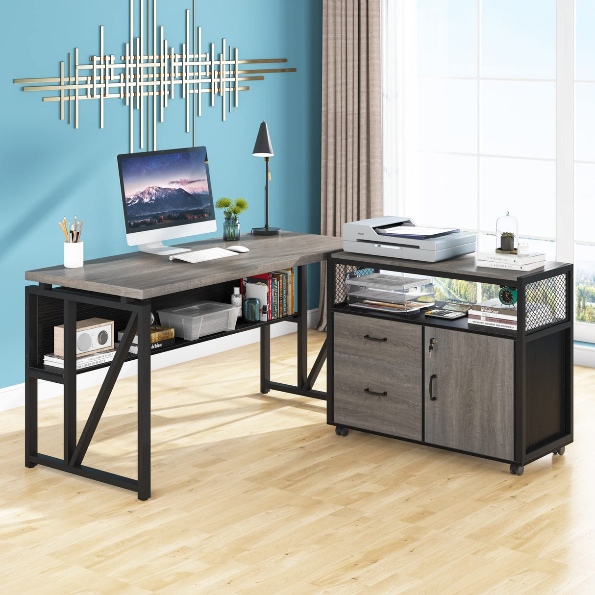 L Shaped Desk with Drawer Cabinet, 55" Executive Computer Desk