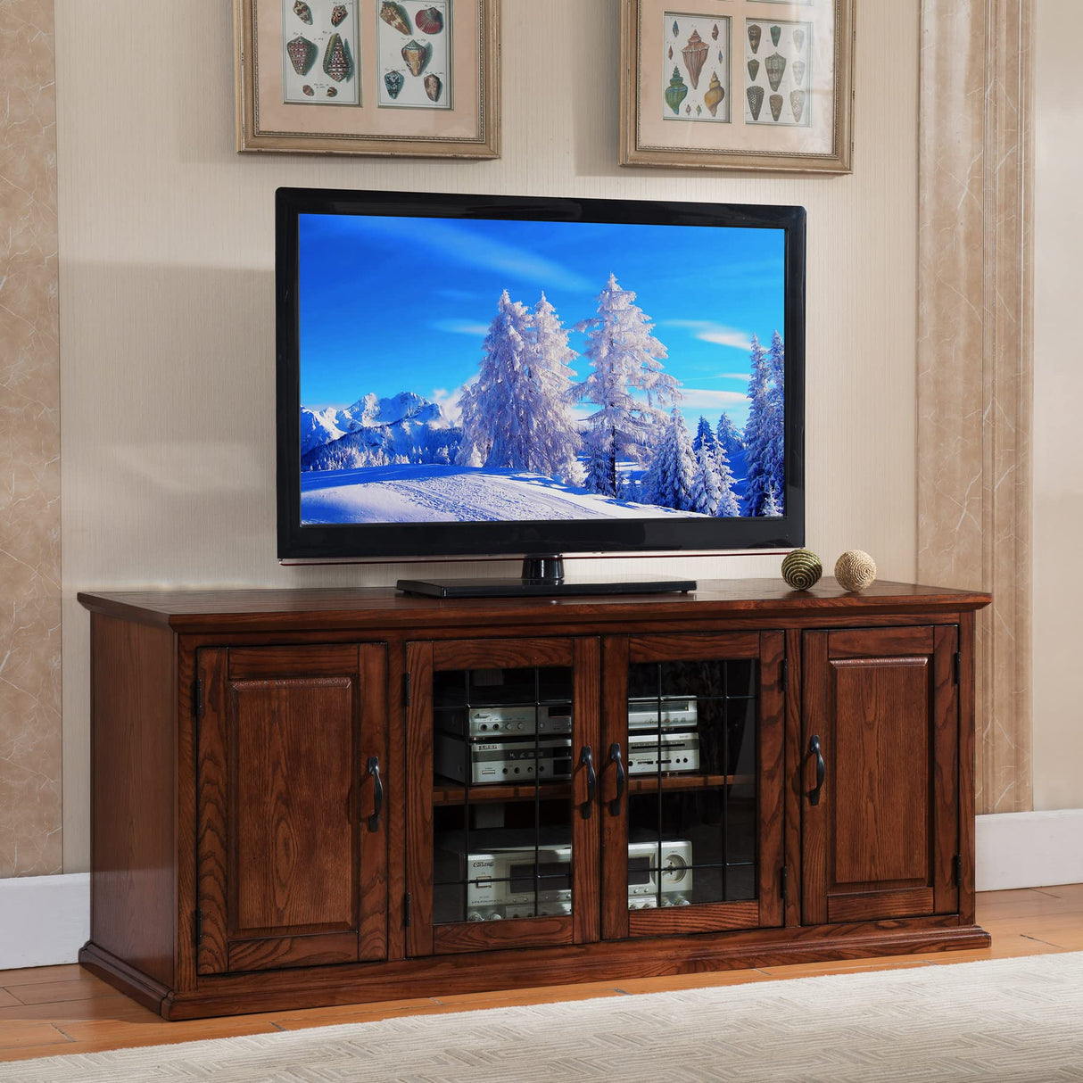 Leaded Glass TV Stand For 65" TV's, Burnished Oak